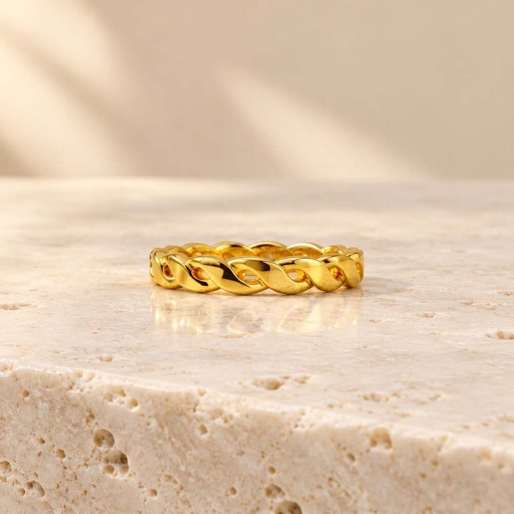 Modern 14K Gold Plated Thin Twisted Rope Ring – Stackable Braided Vine Band